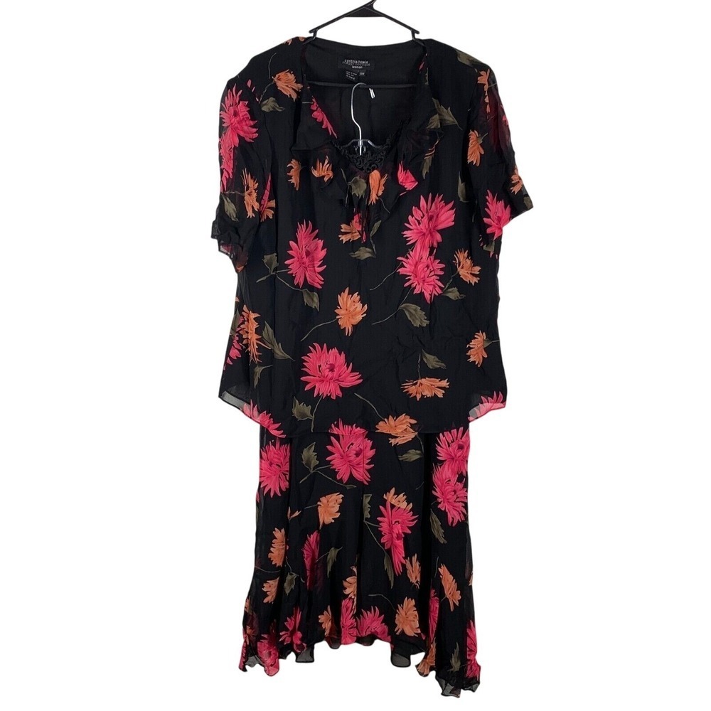 Cynthia Howie‎ Blouse Skirt Set Womens 18W Silk Black Floral Dressy Elegant
